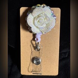 Up cycled Rose Rhinestone Badge Reel Badge Holder  Made From Vintage Brooch